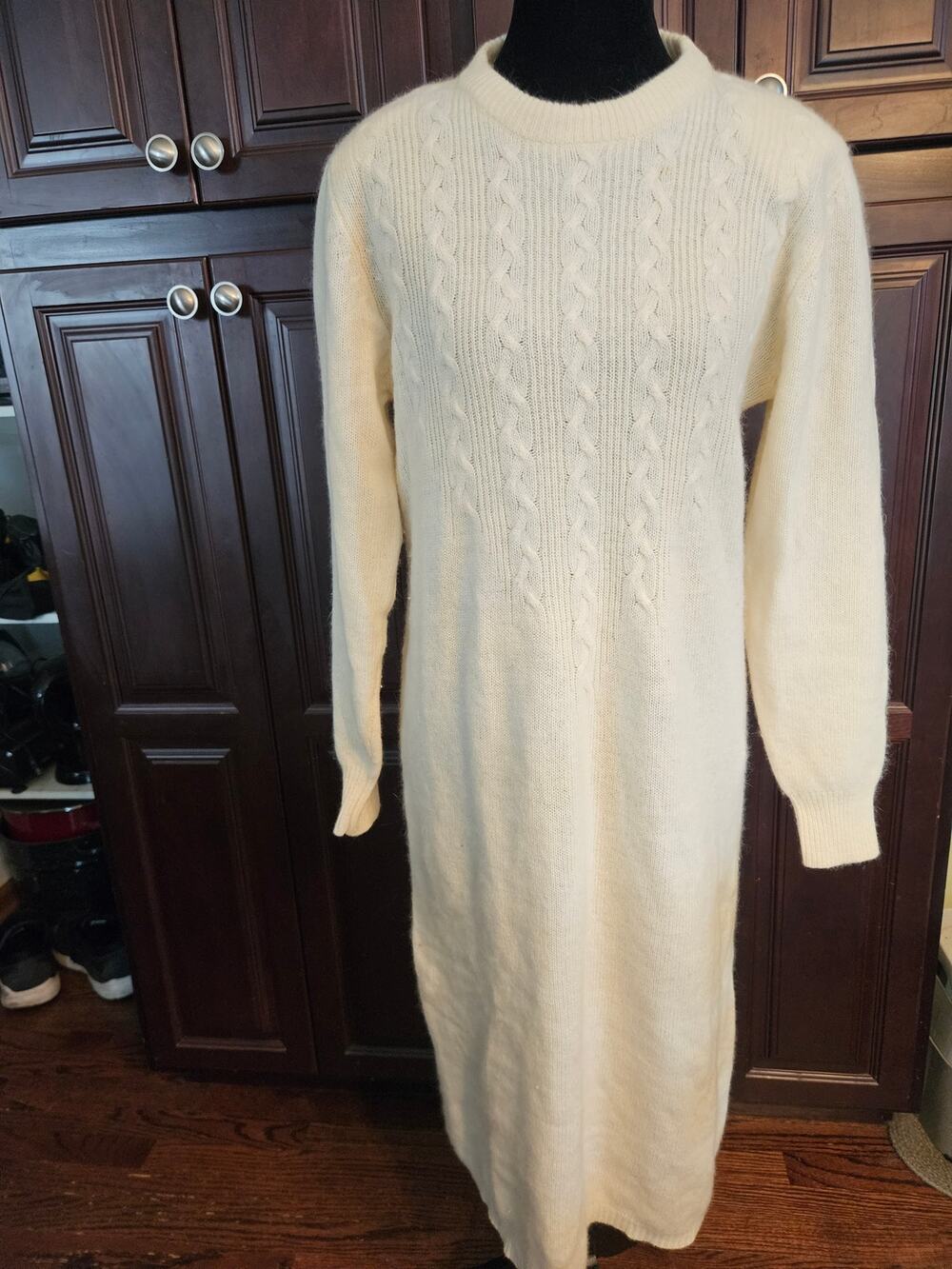 Vtg 80s Crystal Women's Winter Cream Lambswool/Angora Knit Sweater Dress Sz M